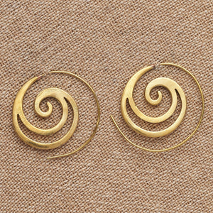 Handmade pure brass, cut out crested wave spiral hoop earrings designed by OMishka.