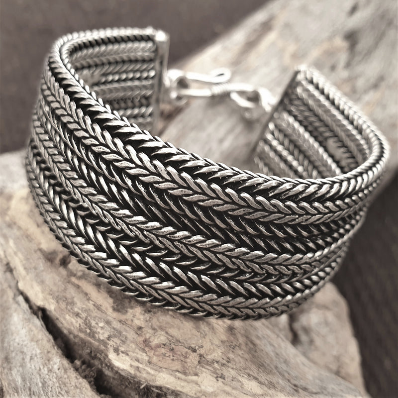Handmade silver toned brass, chunky triple braided foxtail chain bracelet designed by OMishka.