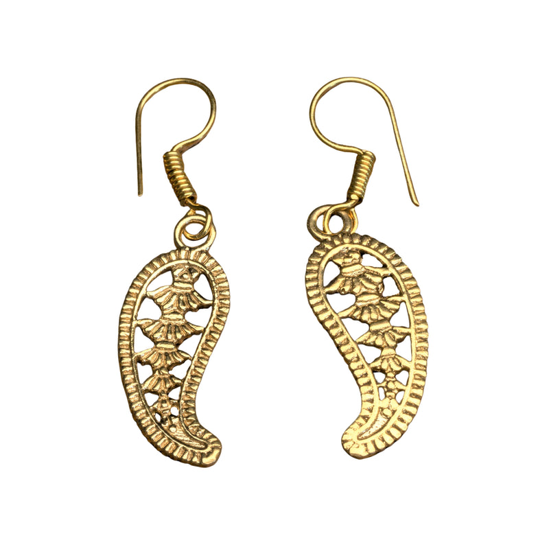 Handmade pure brass, filigree mango motif, dainty leaf drop earrings designed by OMishka.