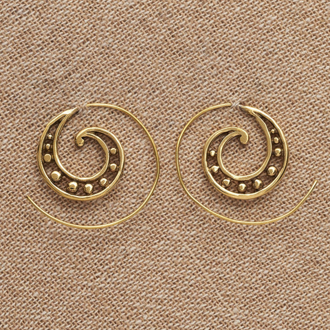 Pure Brass Floral Spiral Hoop Earrings