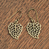 Dainty, handmade pure brass, skeleton leaf drop hook earrings designed by OMishka.