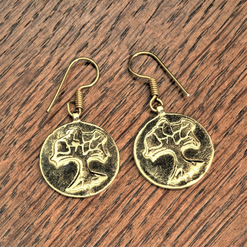 Dainty, handmade pure brass, tree of life disc drop earrings designed by OMishka.