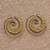 Handmade nickel free pure brass, dainty swirl patterned spiral hoop earrings designed by OMishka.