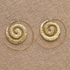 Handmade nickel free pure brass, flat, dimpled textured spiral hoop earrings designed by OMishka.