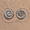 Handmade nickel free solid silver, flat, dimpled textured spiral hoop earrings designed by OMishka.