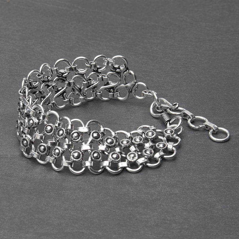 Handmade, nickel free silver toned brass, double infinity chain with decorative discs, designed by OMishka.