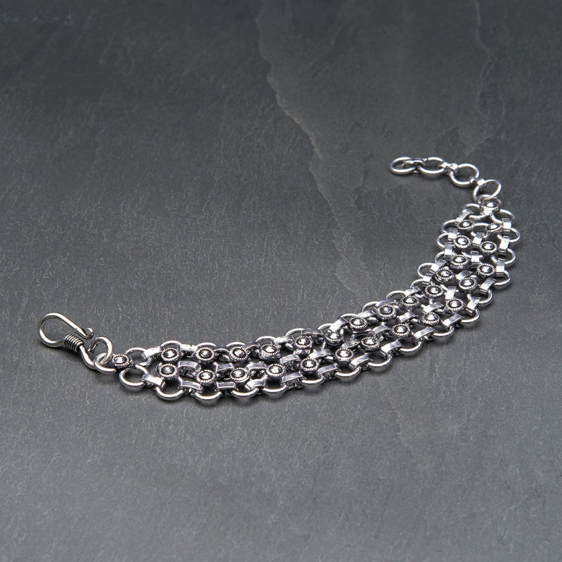 Handmade silver toned brass, double infinity chainmail with decorative discs, designed by OMishka.