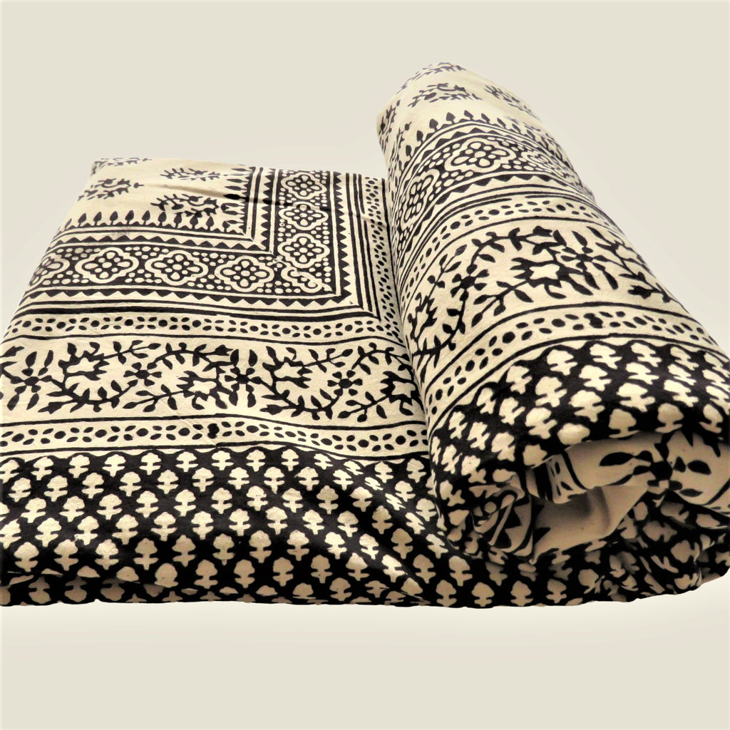 OMishka ethically handmade block print natural ecru patterned bed spread, cover and throw.