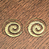 Handmade pure brass, flat, dimpled textured spiral hoop earrings designed by OMishka.