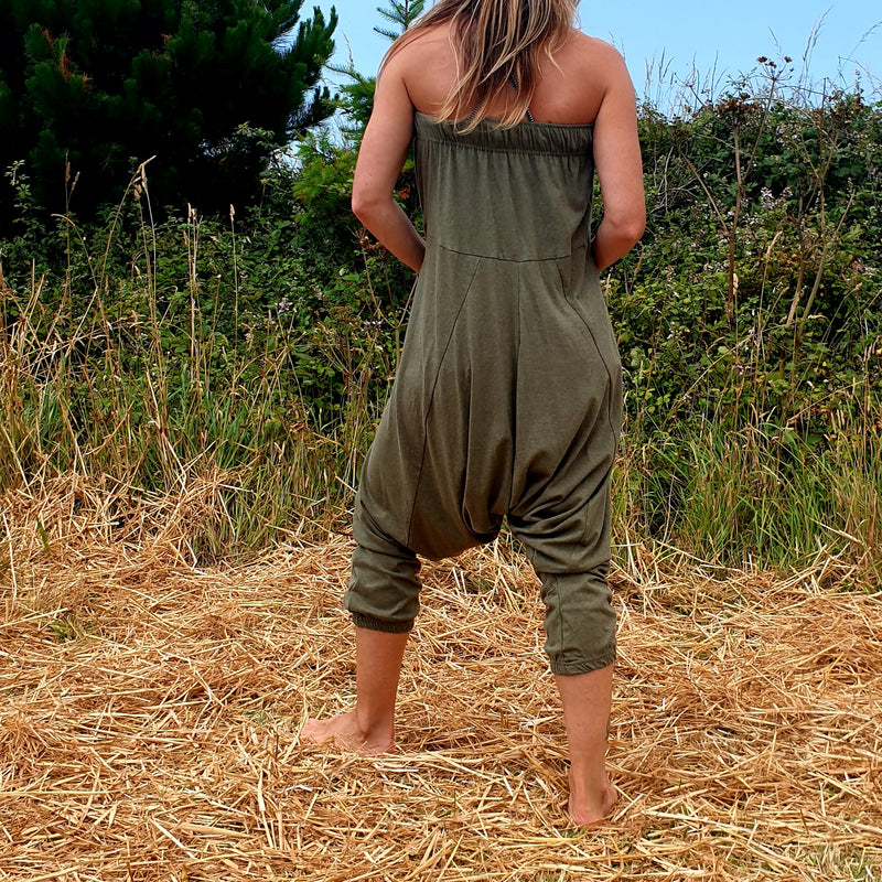 OMishka eco-friendly organic bamboo sage green harem trousers adjustable jumpsuit
