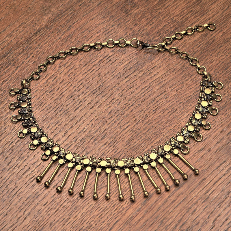 Handmade pure brass, Indian tribal, decorative spiked, adjustable chain, choker necklace designed by OMishka.