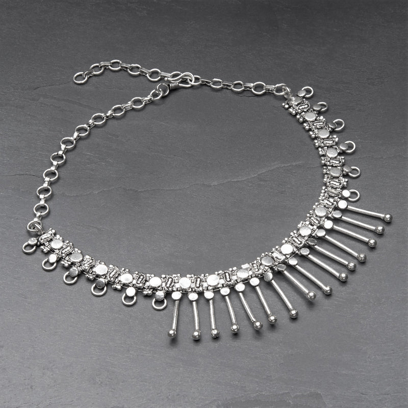 Handmade silver toned white metal, Indian tribal, decorative spiked, adjustable chain, choker necklace designed by OMishka.