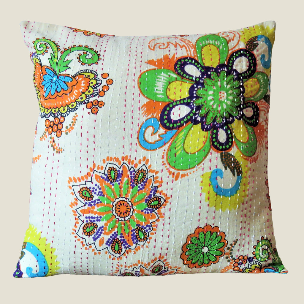 Beige Retro Flower Kantha Cushion Cover