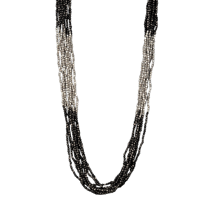 Handmade black and silver toned brass, cube beaded striped multi strand necklace designed by OMishka.