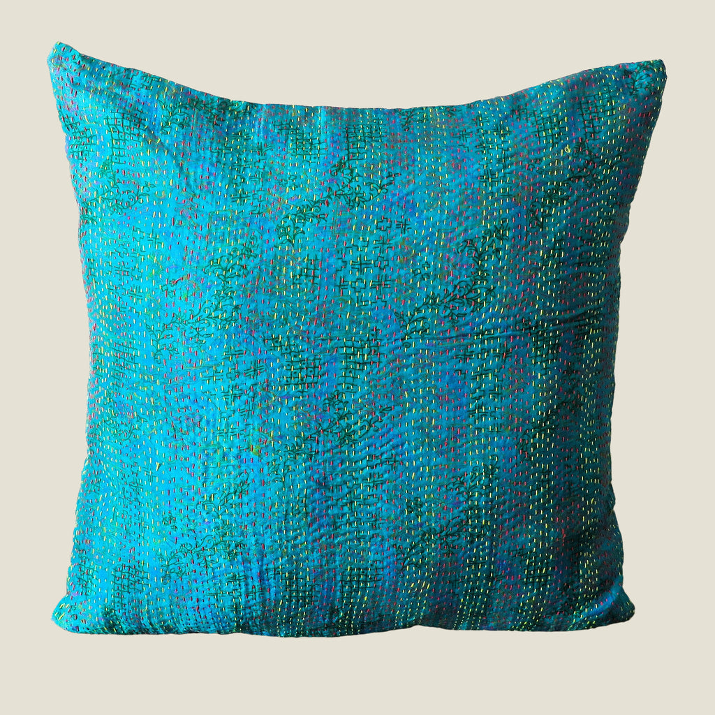 Blue Vintage Silk Kantha Cushion Cover - 14