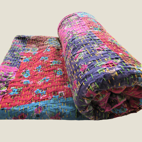 Pink Floral Kantha Bed Cover & Throw - 35