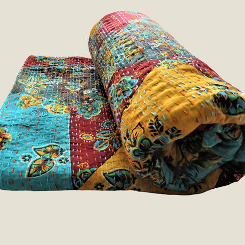 Orange Patterned Kantha Bed Cover & Throw - 22