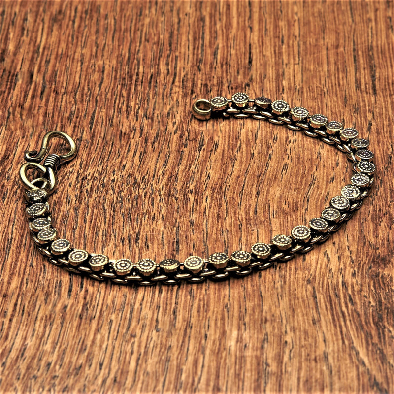 Handmade pure brass, Banjara Tribe, slim and decorative disc chain link bracelet designed by OMishka.