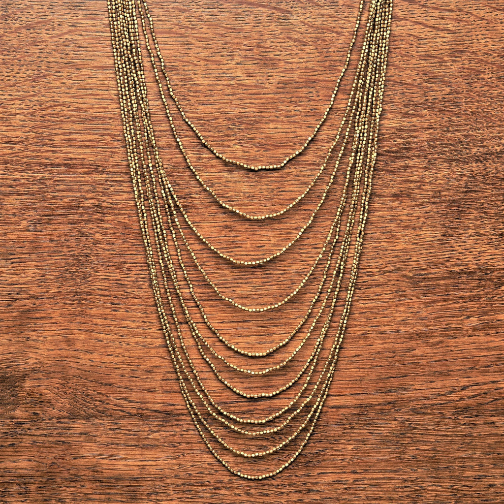 Handmade pure brass, tiny cube beaded, long multi layered necklace designed by OMishka.
