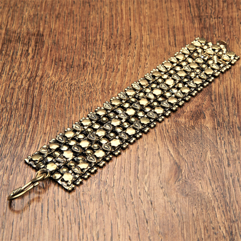 Handmade pure brass, beaded and mango motif patterned, tribal chainmail bracelet designed by OMishka.