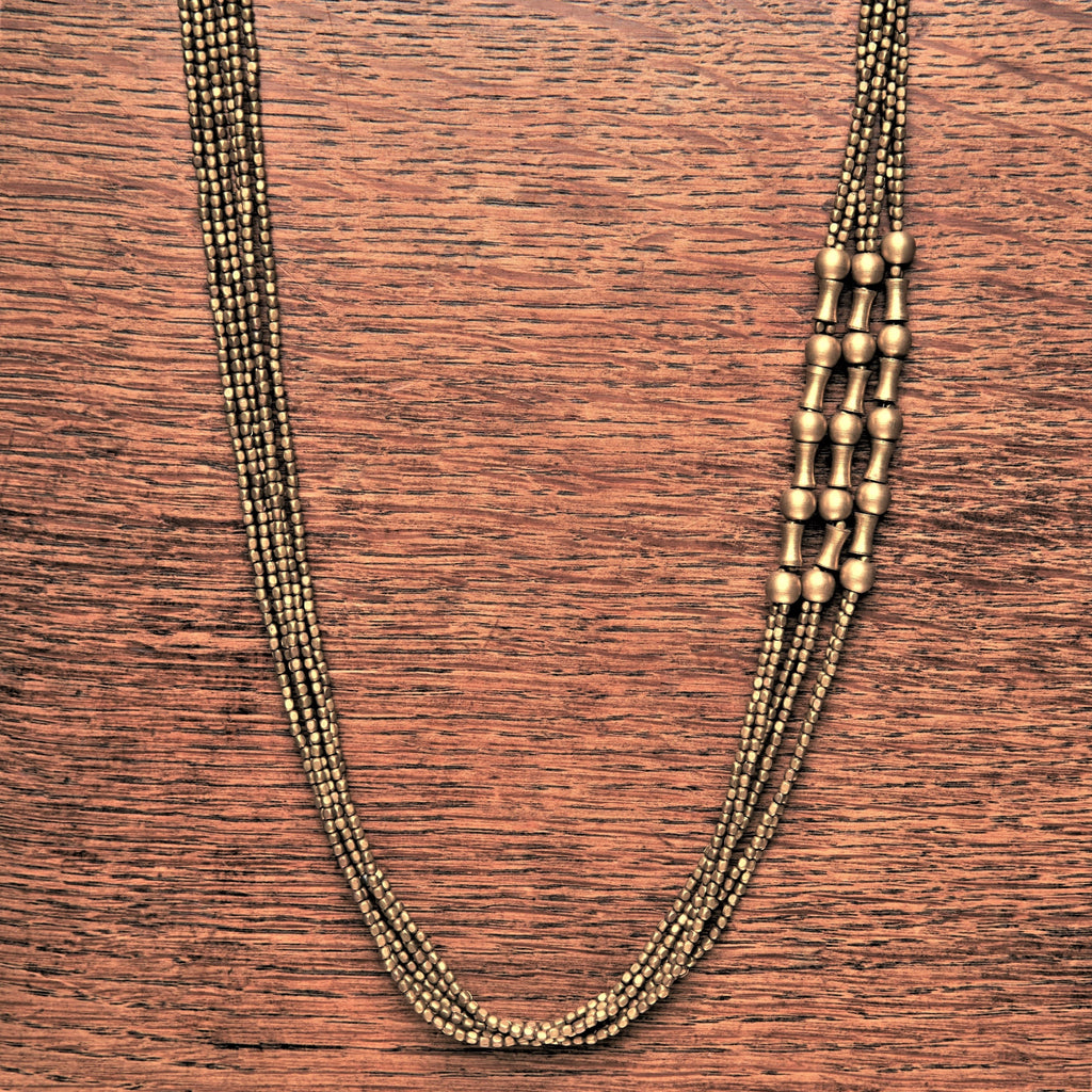 Handmade pure brass, tiny cube and bone beaded multi strand necklace designed by OMishka.