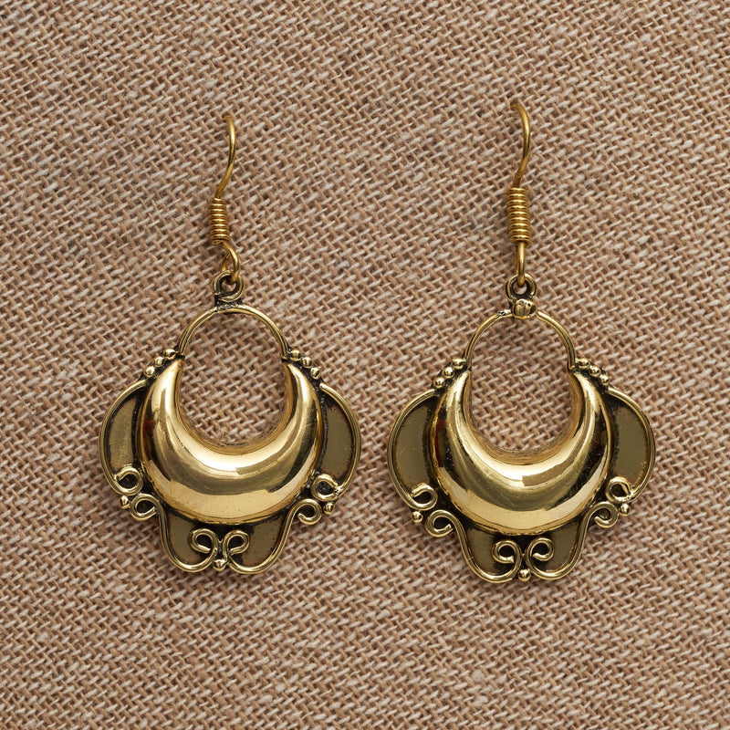 Handmade pure brass, crescent shaped open hoop, drop earrings designed by OMishka.