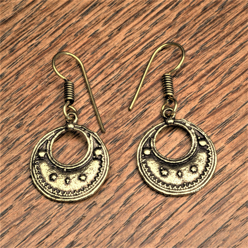 Handmade pure brass, beaded crescent moon drop earrings designed by OMishka.