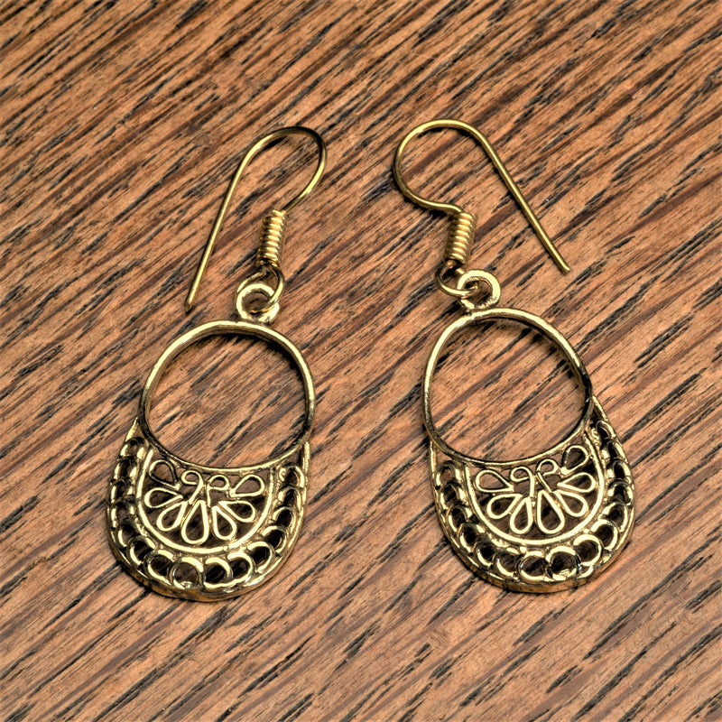 Handmade pure brass, dainty, open circle filigree, drop earrings designed by OMishka.