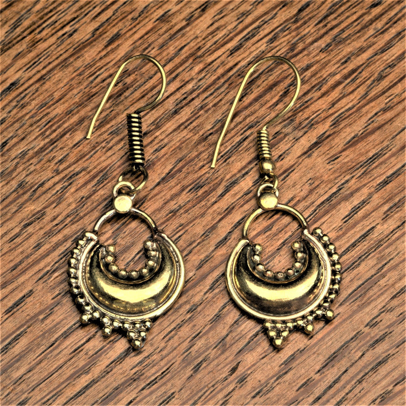 Handmade pure brass, dotted decorated crescent moon, drop hook earrings designed by OMishka.