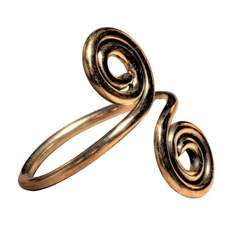 A handmade, pure brass, double spiral open wrap ring designed by OMishka.