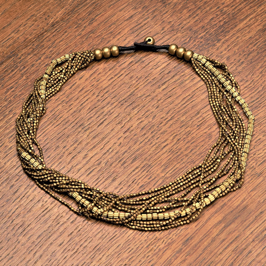 Handmade pure brass, etched barrel beaded multi strand necklace designed by OMishka.