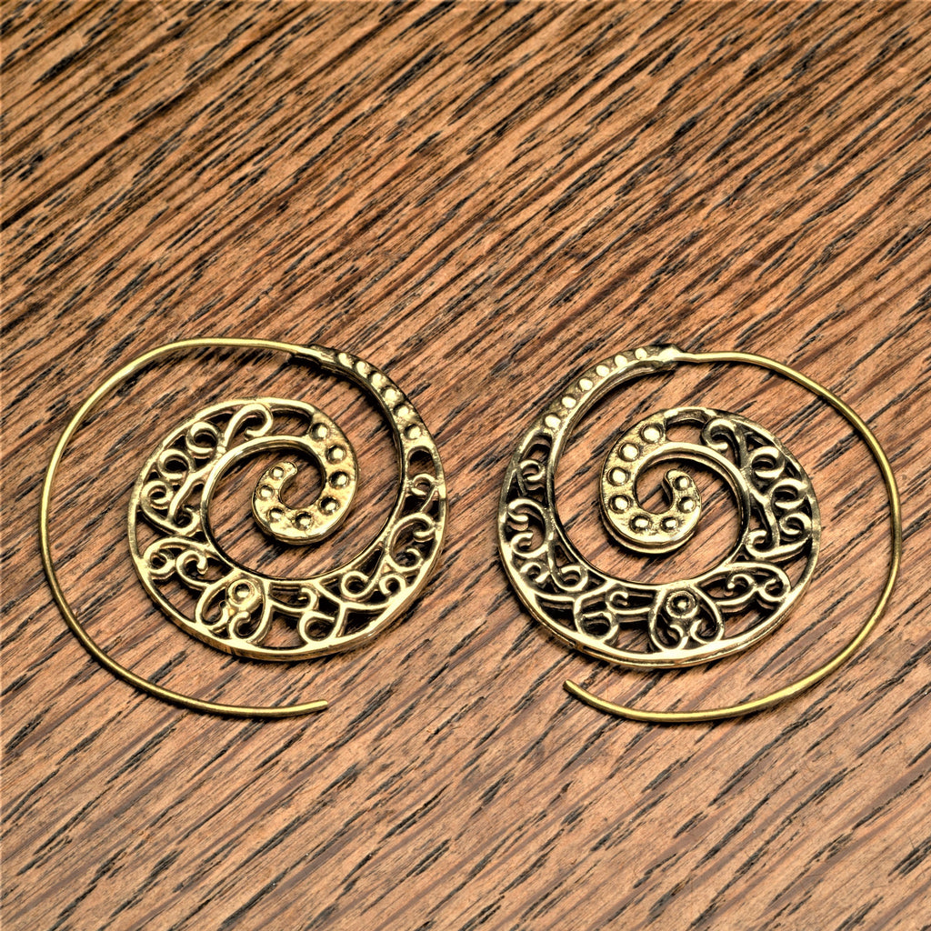 Handmade pure brass, cut out floral detailed, beaded dot spiral hoop earrings designed by OMishka.