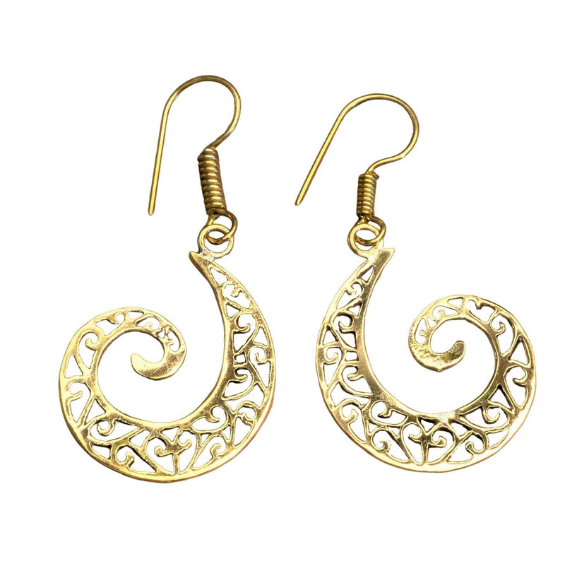 Handmade pure brass, cut out ivy vine detailed, spiral drop earrings designed by OMishka.