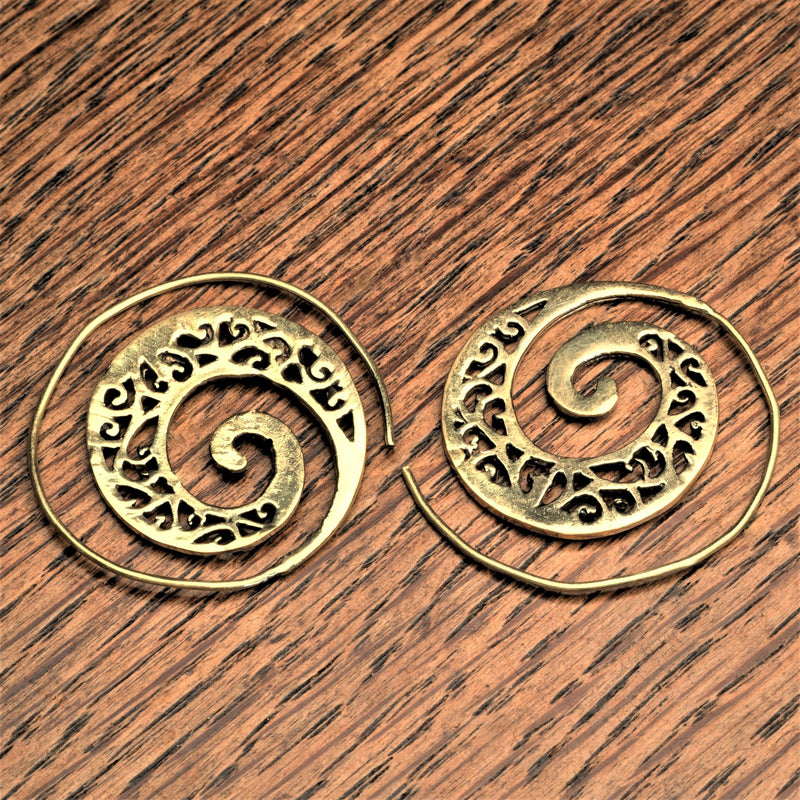 Handmade pure brass, cut out ivy vine, spiral hoop earrings designed by OMishka.