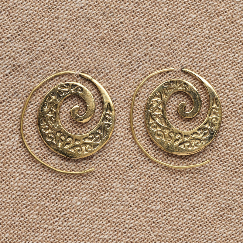 Artisan handmade pure brass, ivy vine spiral hoop earrings designed by OMishka.
