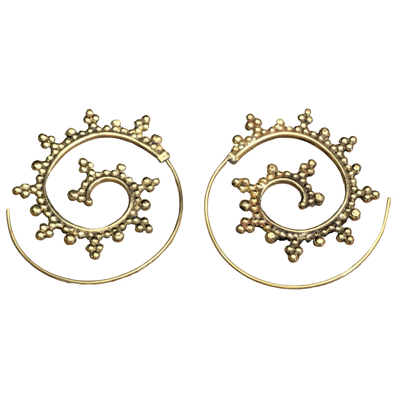 Handmade pure brass, large, decorative dotted spiral hoop earrings designed by OMishka.