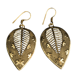 Handmade pure brass, flower and dot patterned, large leaf drop earrings designed by OMishka.