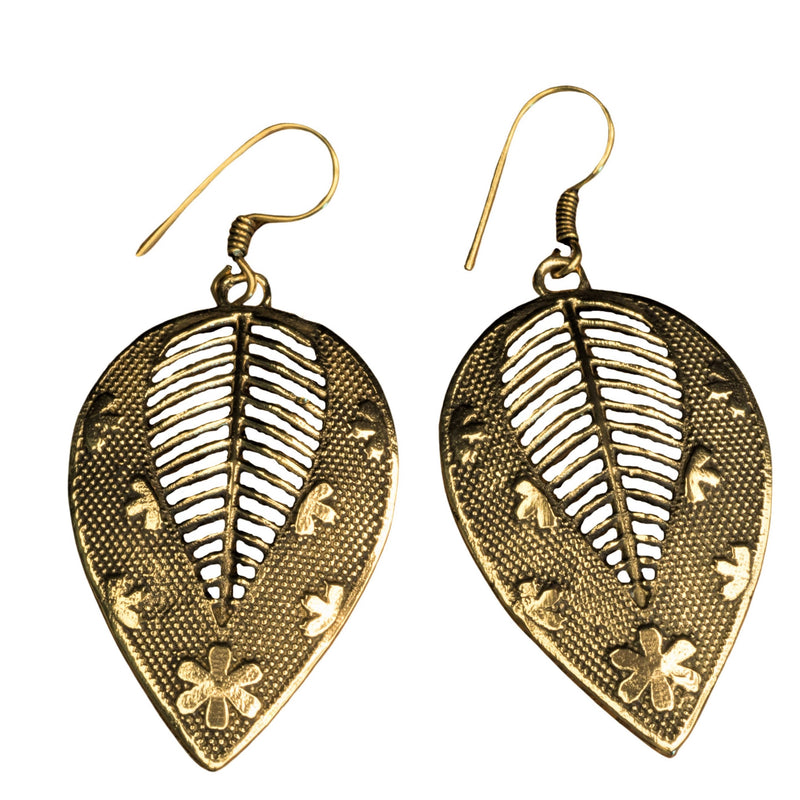 Handmade pure brass, flower and dot patterned, large leaf drop earrings designed by OMishka.