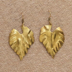 Handmade pure brass, large single leaf drop earrings designed by OMishka.
