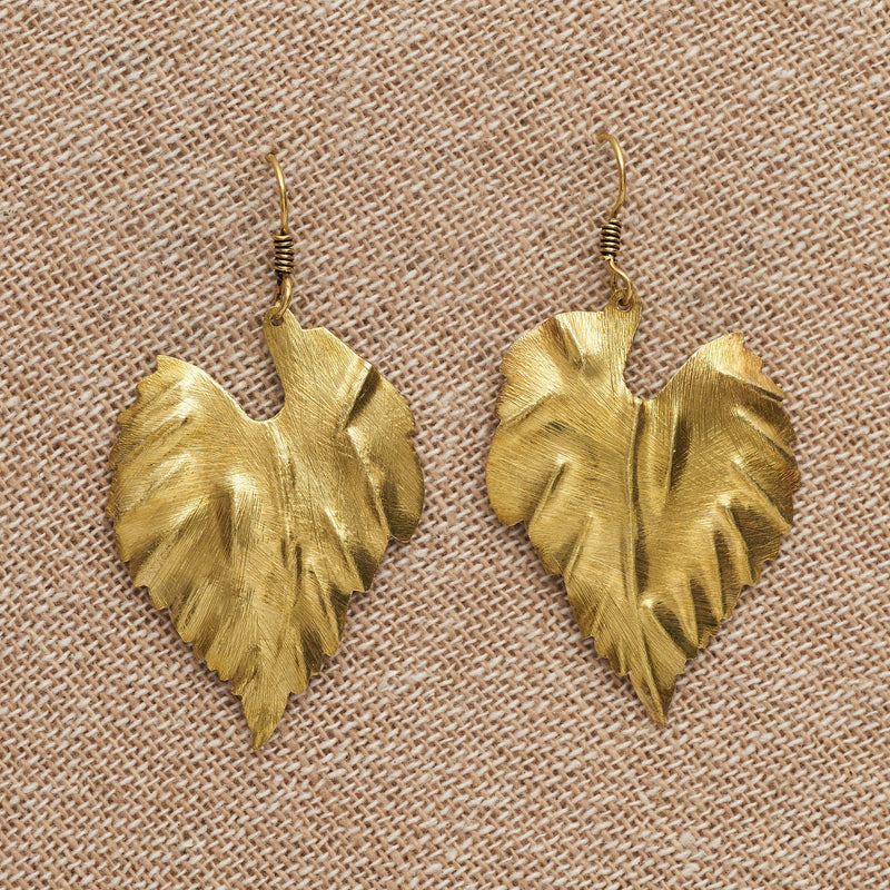 Handmade pure brass, large single leaf drop earrings designed by OMishka.