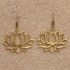 Handmade pure brass, large open lotus flower, drop hook earrings designed by OMishka.