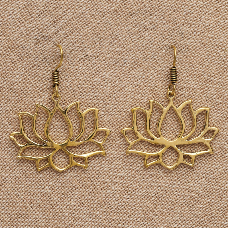 Handmade pure brass, large open lotus flower, drop hook earrings designed by OMishka.