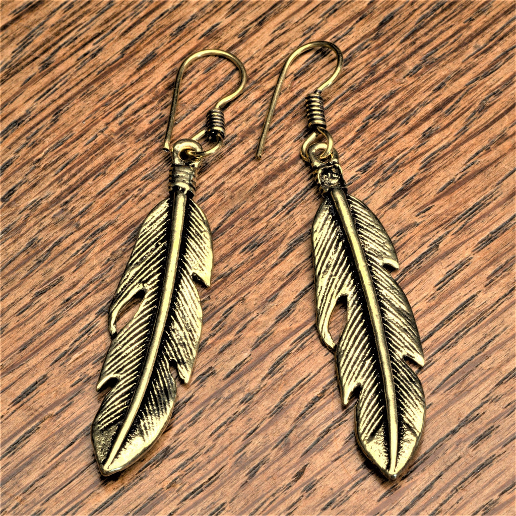 Handmade pure brass, long feather detailed, drop hook earrings designed by OMishka.
