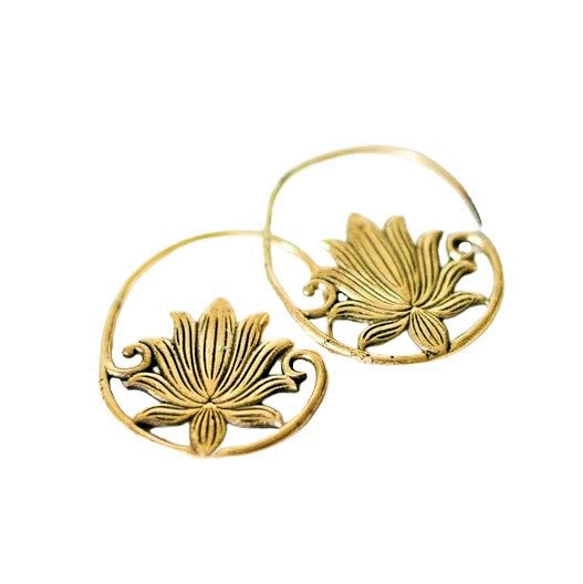 Handmade pure brass, lotus flower detailed, large half hoop earrings designed by OMishka.
