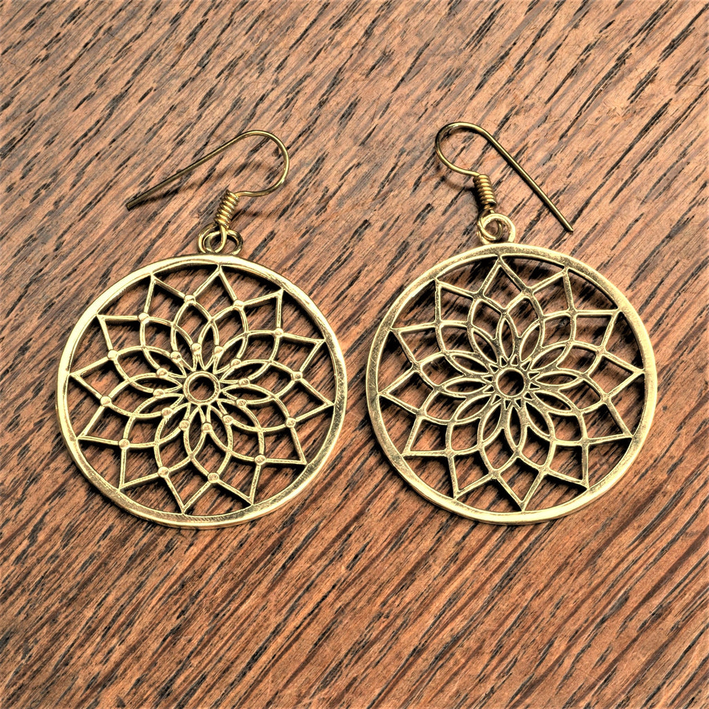 Handmade pure brass, lotus flower mandala, disc drop earrings designed by OMishka.