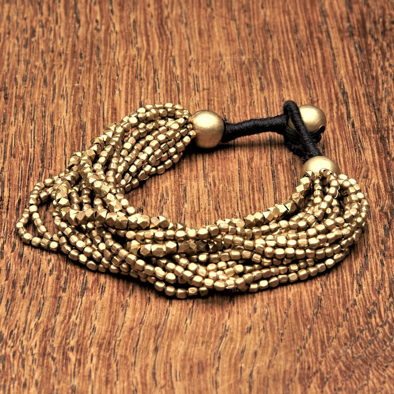 Handmade pure brass, mixed tiny cube and octagonal beaded, chunky multi strand bracelet designed by OMishka.
