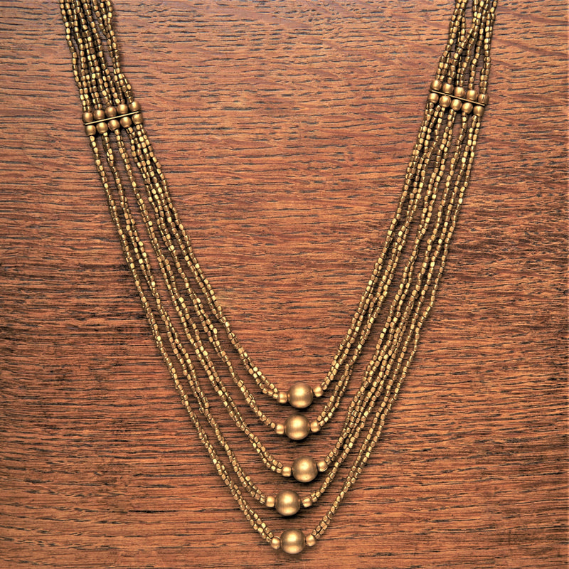Handmade pure brass, tiny cube and round beaded, multi layered necklace designed by OMishka.
