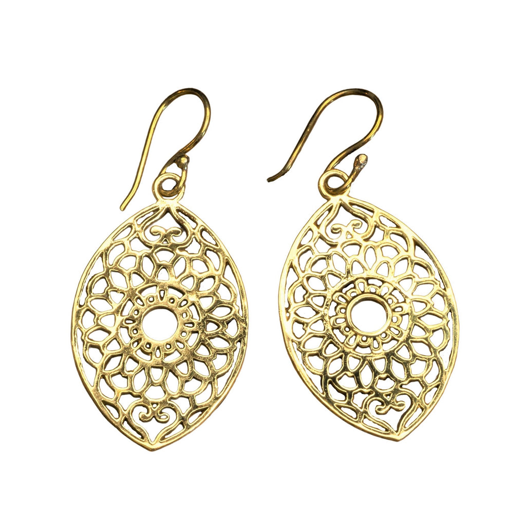 Handmade pure brass, large oval shaped, floral patterned dangle earrings designed by OMishka.
