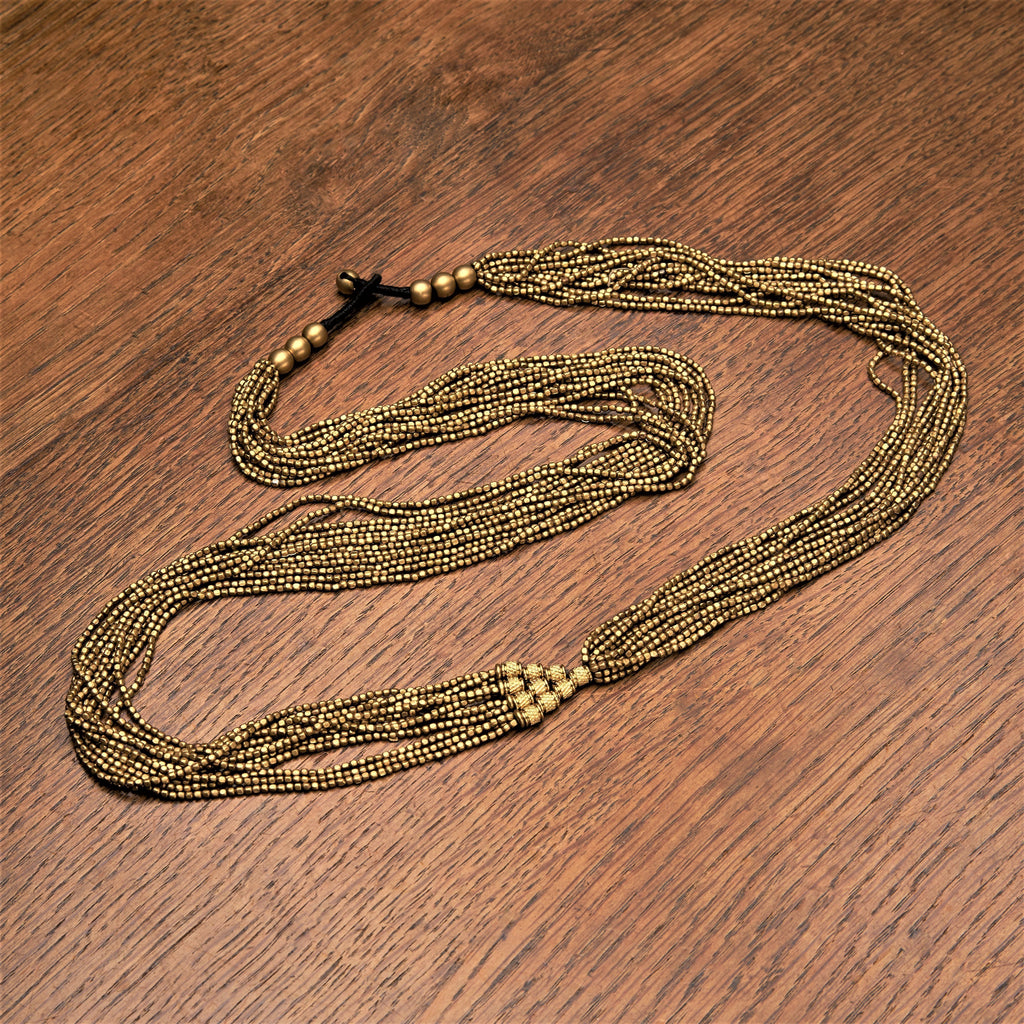 Handmade pure brass, pyramid beaded, long multi strand necklace designed by OMishka.
