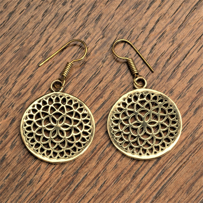 Handmade pure brass, seed of life mandala, disc drop earrings designed by OMishka.